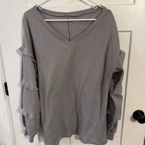 Gray V-Neck Ruffle Sleeve Top